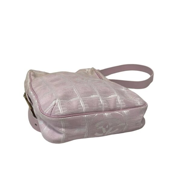 Auth CHANEL New Travel Line Pink White Nylon Jacquard Leather Shoulder Bag - Picture 3 of 9